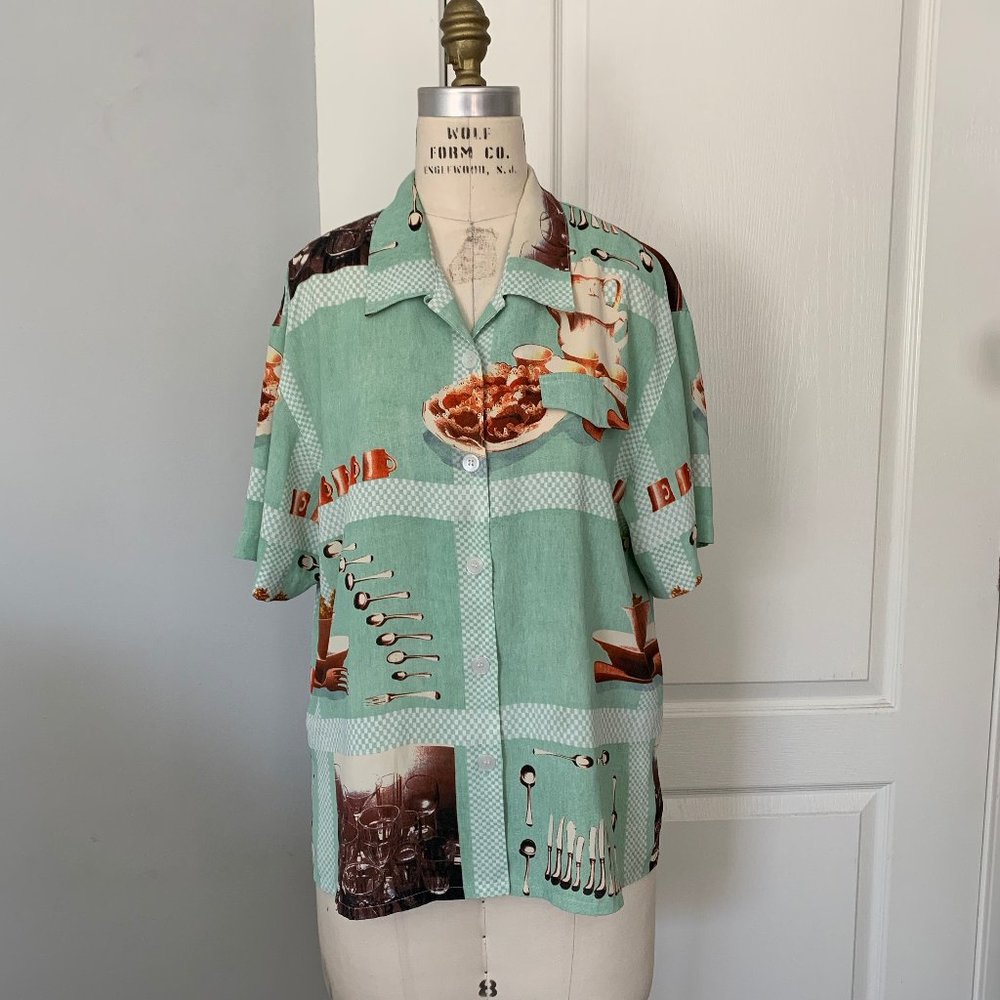 Vintage mint tea time button-up shirt MEDIUM